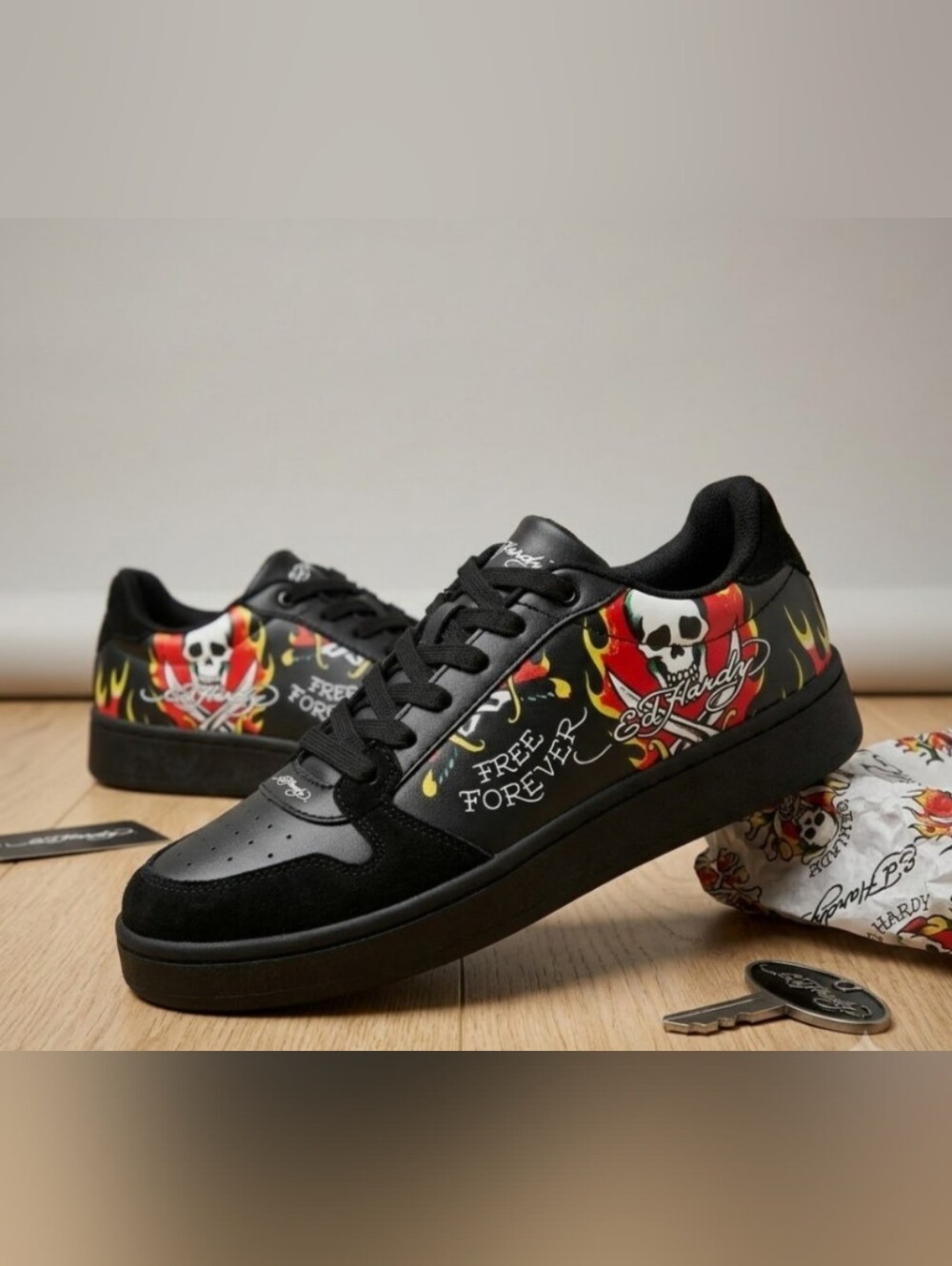 NEW! Ed Hardy Black Sneakers with Red and Yellow Flame Skull Graphics sz 4 NWT